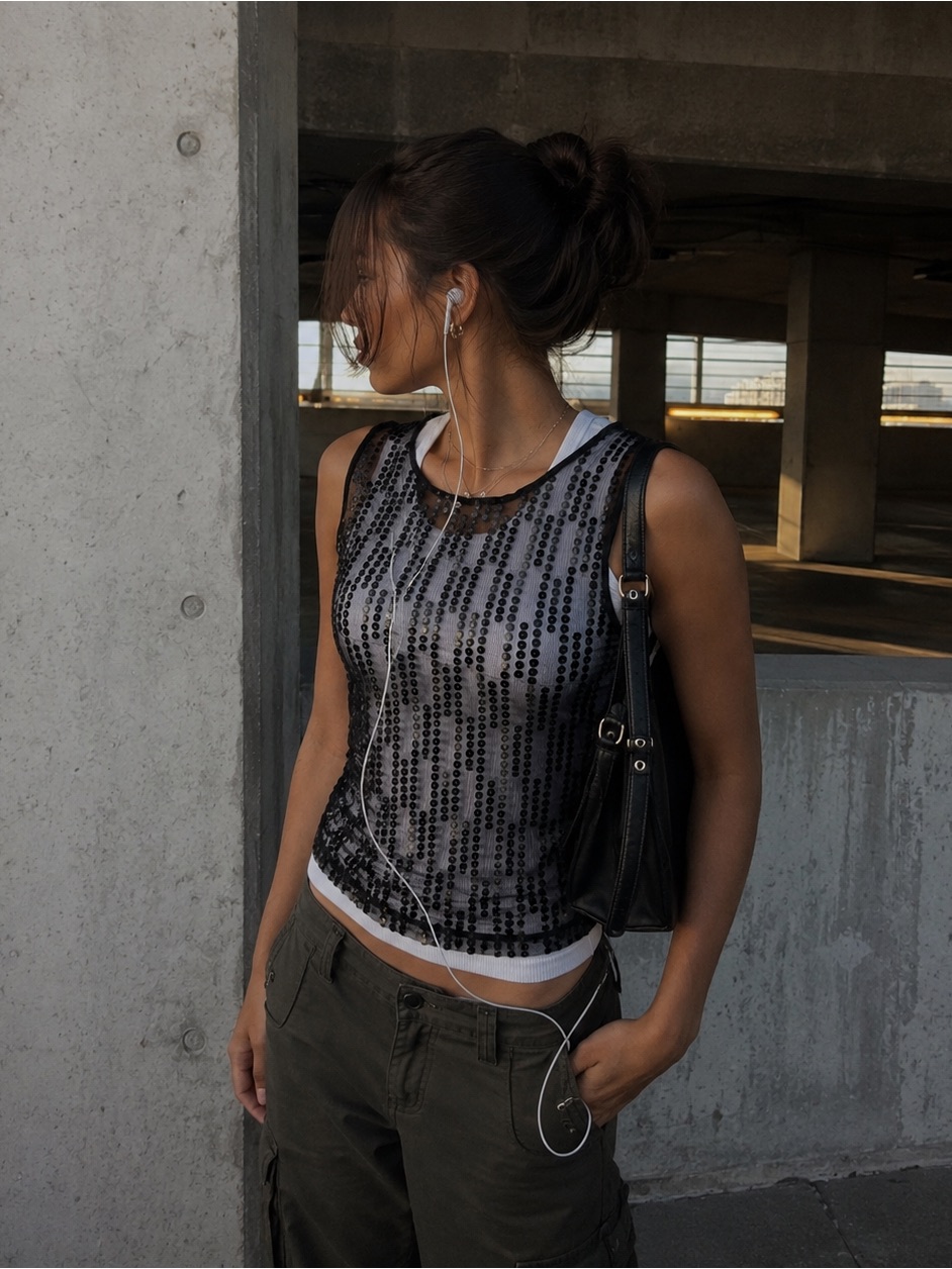 Express Black Sequin Mesh Sheer Tank Top Y2k Size M